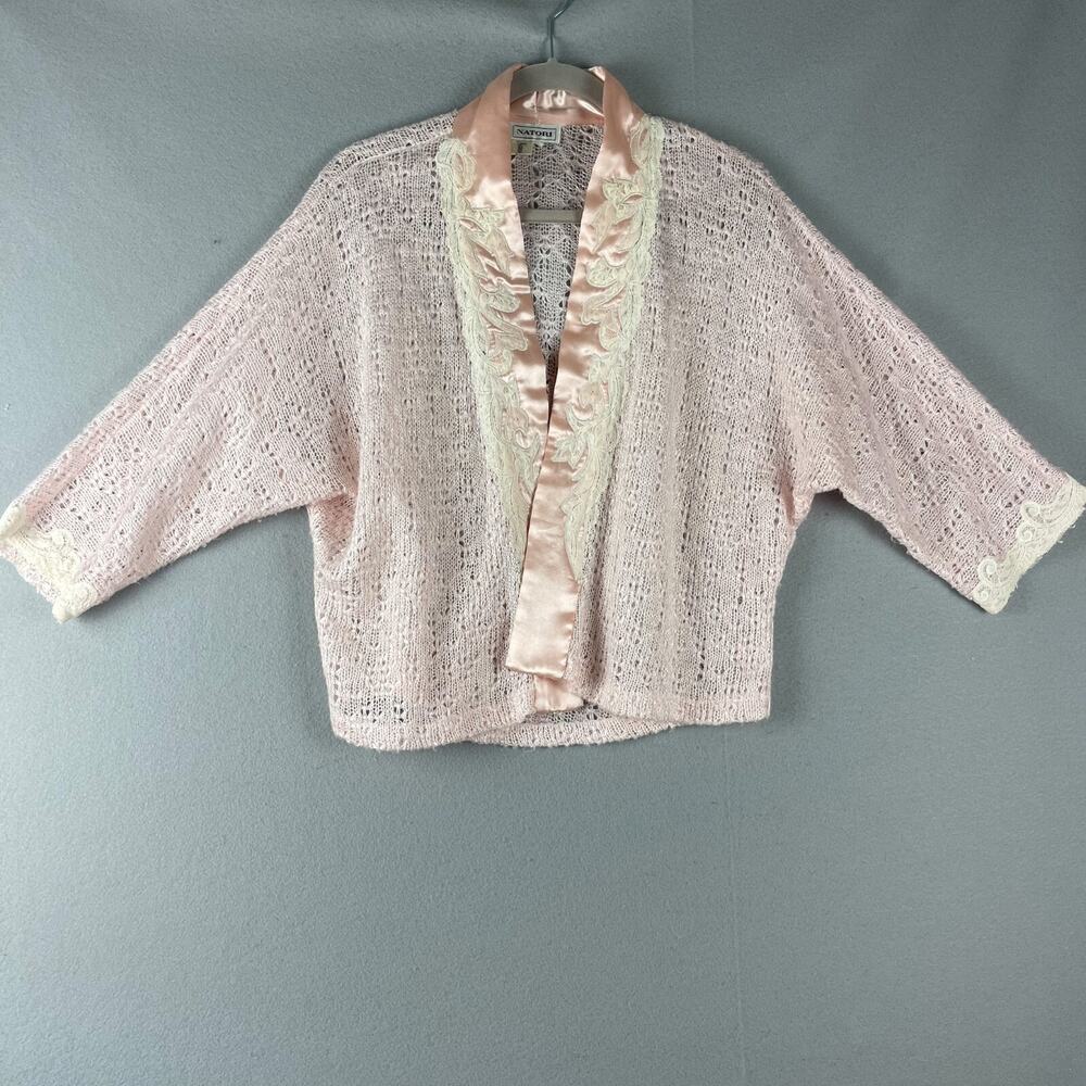 Vintage Natori Cardigan Womens Small Pink Open Knit Satin Lace Delicate Fairy
